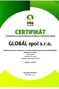 Certifikát - montáž potrubí NRG PREMIO